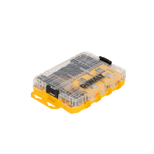 Yellow DEWALT storage case with transparent lid, containing assorted drill and driver bits.