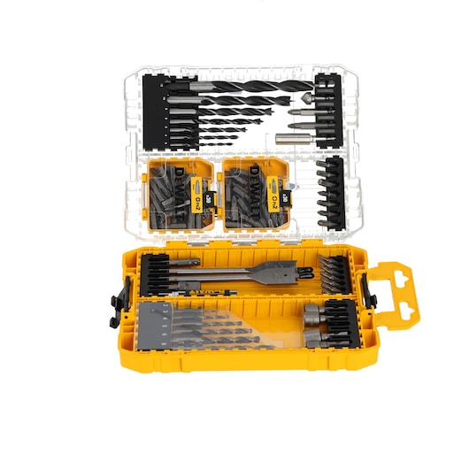 Yellow DEWALT DT70784 drill and screwdriver bit set in an open case with various bits and accessories.