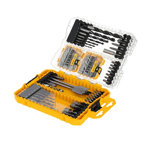 DEWALT DT70784 yellow tool case open showing drill bits and accessories organized in compartments.
