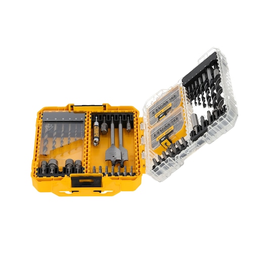 DEWALT drill bit set in an open yellow plastic case, containing various drill and screwdriver bits.