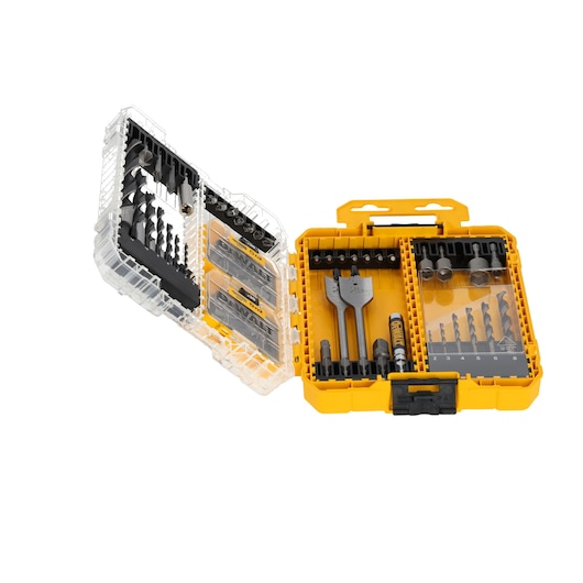 Yellow DEWALT drill bit set case open, showing various drill bits and accessories neatly organized inside.