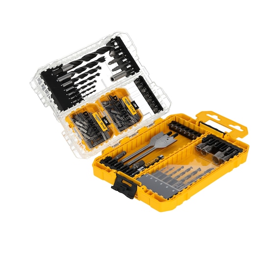 Yellow DEWALT drill and screwdriver bit set with clear lid, organized in compartments for easy access.