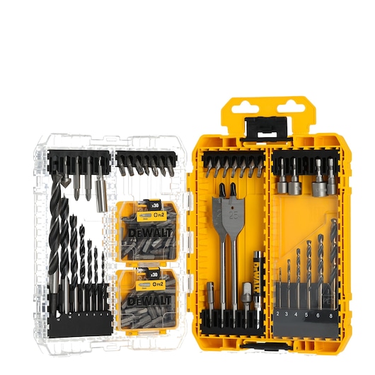 Dewalt DT70784 drill and screwdriver bit set in a yellow and clear storage box, showing various sizes and accessories.