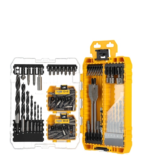 DEWALT DT70784 drill and bit set in yellow plastic case with assorted pieces for various tasks.