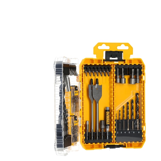 DEWALT DT70784 yellow drill and bit set case open, showing assorted bits and tools inside.