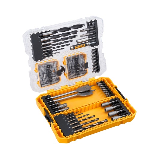DEWALT DT70784 drill and bit set in a yellow plastic case with various accessories neatly organized.