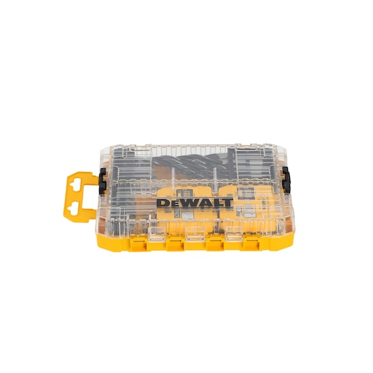 DEWALT DT70784 yellow drill bit set in transparent plastic case with black logo, closed, photographed front view.