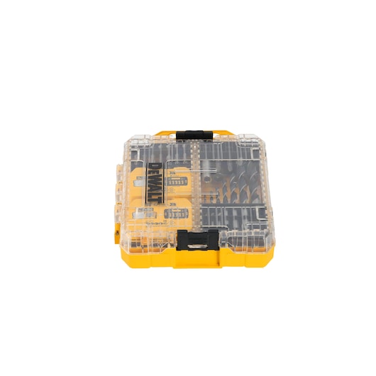 DEWALT DT70784 drill bit and accessory set in yellow plastic case with clear lid, shown closed.