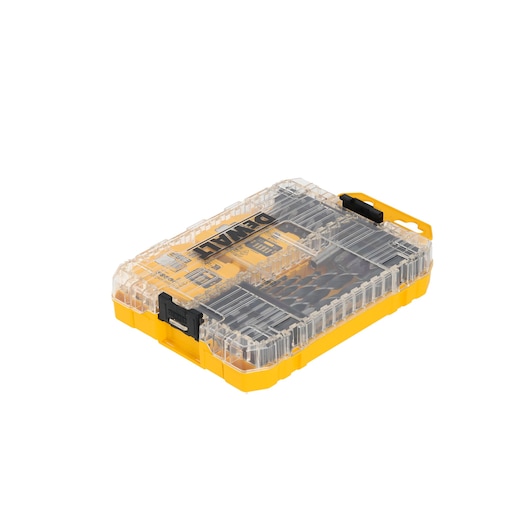 DEWALT DT70784 yellow plastic toolbox with clear lid and black clasps for storing drill bits.