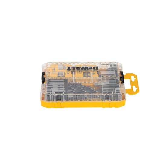 DEWALT DT70784 yellow tool case with clear lid, contains assorted drill and screwdriver bits.