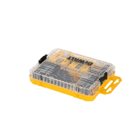 DEWALT DT70784 yellow plastic storage box with transparent lid containing drill bits.