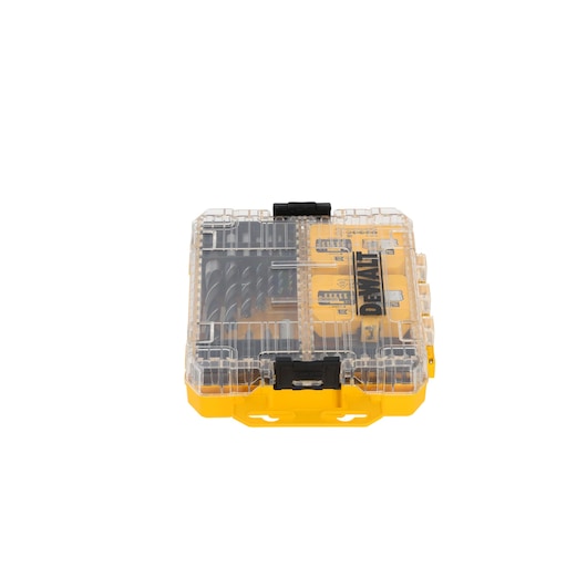 DEWALT DT70784 yellow drill bit set box with clear lid, shown closed and viewed from above.