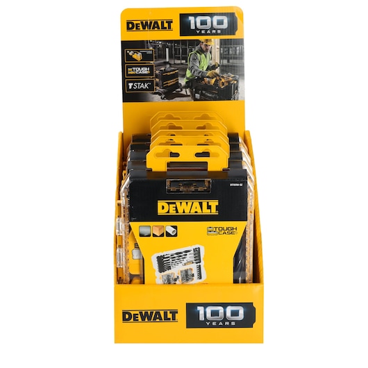DEWALT 100 Years Tough Case drill bit set display in yellow packaging with handle and product images.