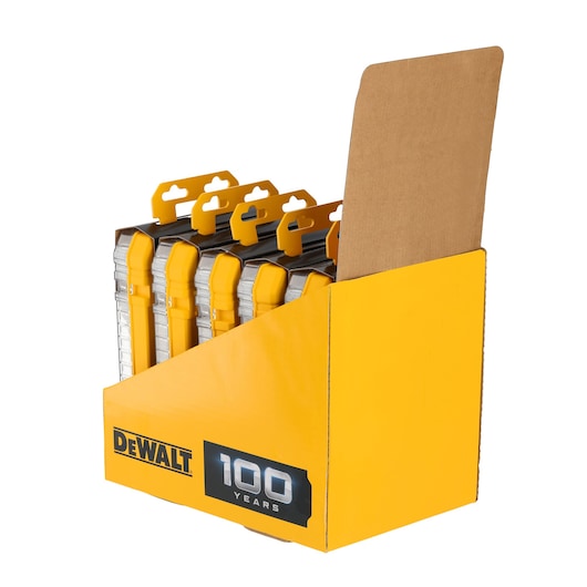 Yellow DEWALT display box holding multiple tool cases, labeled '100 Years' on the front.