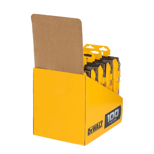 Yellow DEWALT display box showing multiple DEWALT products inside. Side label reads '100 Years'.