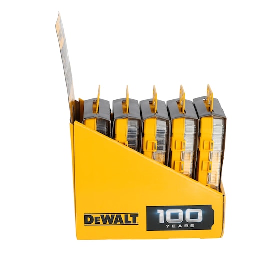Yellow DEWALT display box with five tool storage kits, marked 100 years on the side.