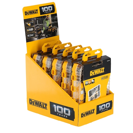 DEWALT Tough Case display showing multiple tool cases in yellow packaging with 100 Years branding.
