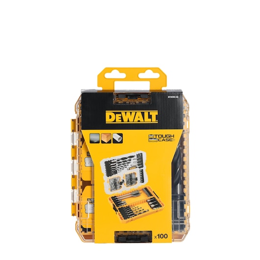 DEWALT DT70784 Tough Case set with assorted drill and screwdriver bits, packed in a yellow hard case.