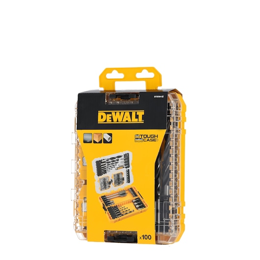 DEWALT DT70784 Tough Case with drill and screwdriver bits, shown in yellow and black packaging.