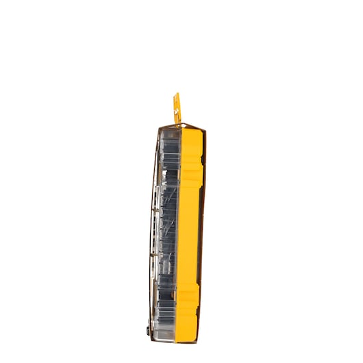 Side view of a yellow DEWALT storage case with a clear plastic cover for small parts.