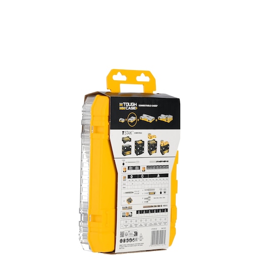 DEWALT DT70784 yellow Tough Case for drill bits, shown upright with label and handle visible.