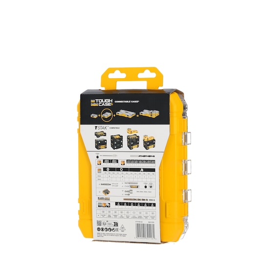 Yellow DEWALT Tough Case tool storage box with product information and illustrations on back.