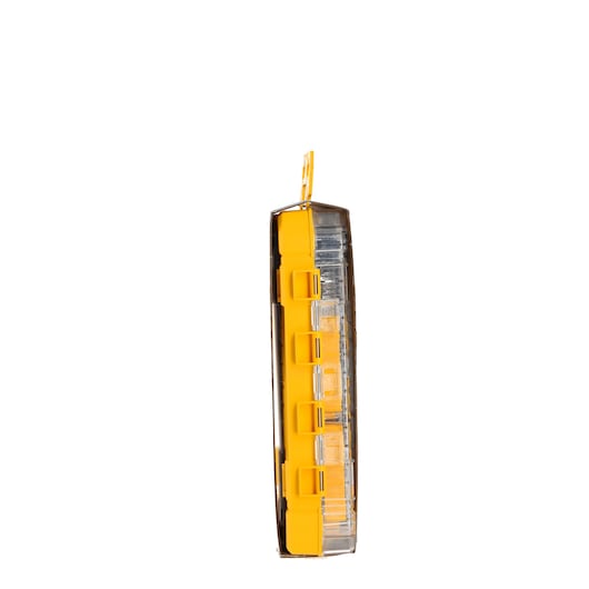 Side view of a yellow and clear DEWALT tool bit storage case standing upright against a white background.