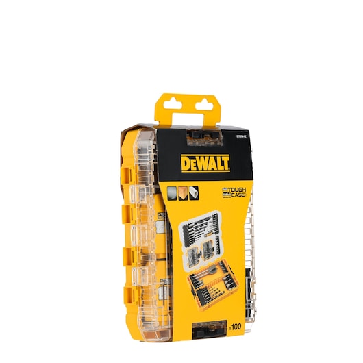 DEWALT DT70784 Tough Case with assorted drill bits and accessories in a yellow plastic box.