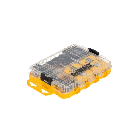 DEWALT DT70785 yellow transparent box containing assorted drill and screwdriver bits.