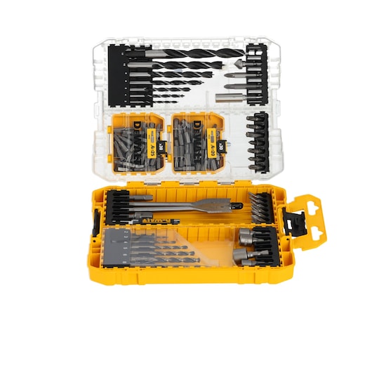 DEWALT drill and bit set in yellow plastic case with multiple bits and accessories, organized in compartments.