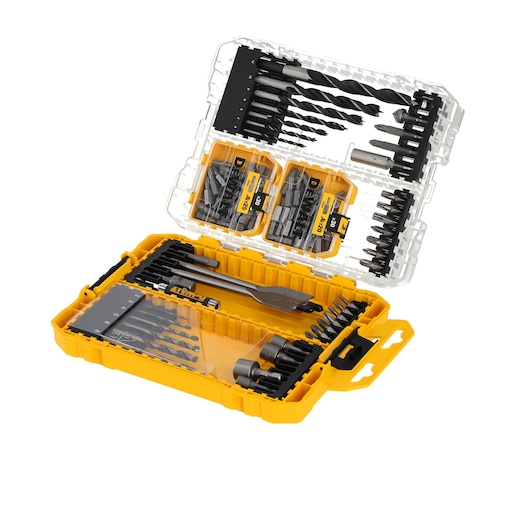 DEWALT yellow case with assorted drill bits and screwdriver bits, neatly organized with clear lid.