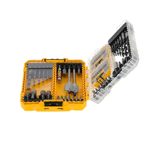 DEWALT yellow drill bit set box open with assorted bits and attachments organized in compartments.