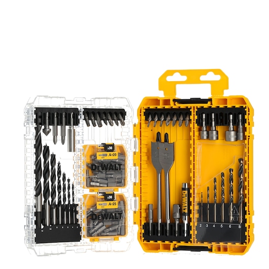 DEWALT DT70785 drill and screwdriver bit set in a yellow case, assorted bits and accessories.