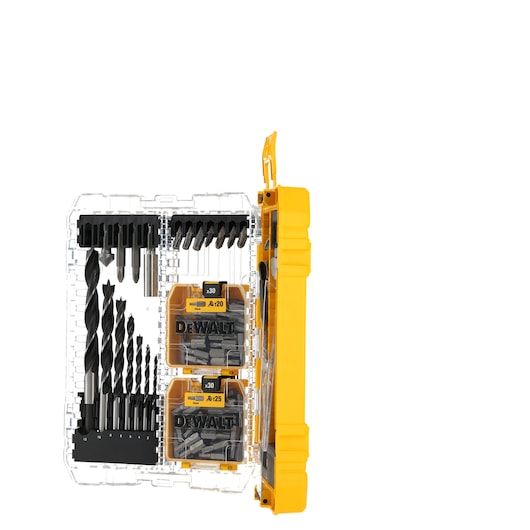 Yellow DEWALT drill and bit set case open, showing assorted drill bits and screw bits organized inside.
