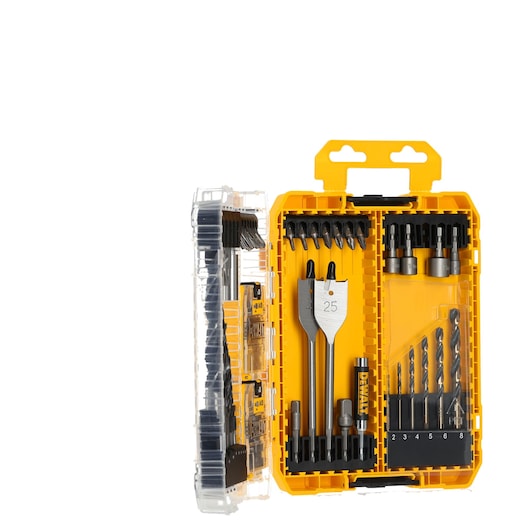 DEWALT yellow drill and bit set in an open case, showing various bits and accessories organized inside.
