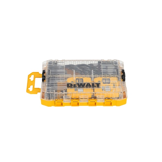 DEWALT drill bit set in a yellow, clear plastic storage case with visible DEWALT branding.