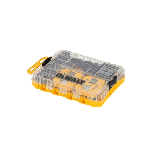 DEWALT DT70785 yellow and clear plastic storage case for drill bits and accessories.