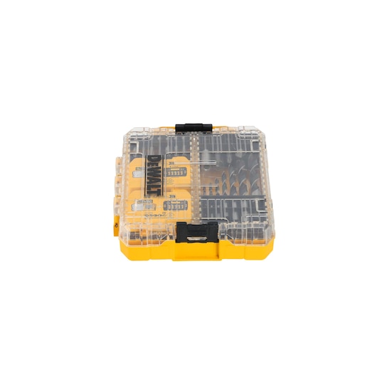 DEWALT DT70785 drill and bit set in a yellow hard plastic case with transparent lid, shown from above.