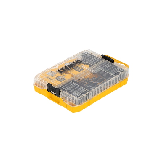 DEWALT yellow and clear plastic drill bit set case with visible bits and compartments, closed and portable.