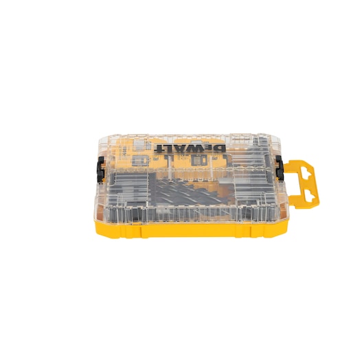Dewalt yellow bit set case with clear lid, showing organized drill bits inside.