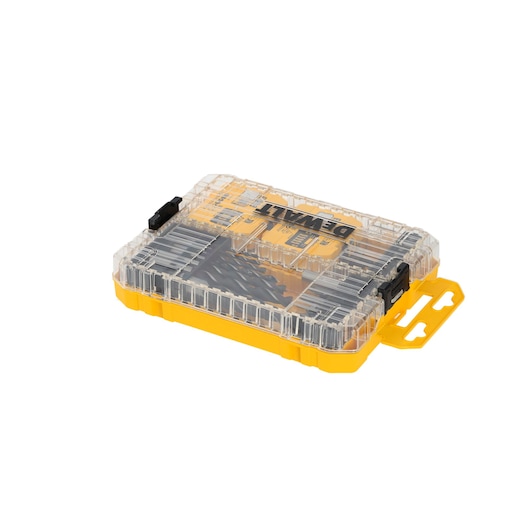 Yellow DEWALT drill bit set in a transparent plastic case with black latches.