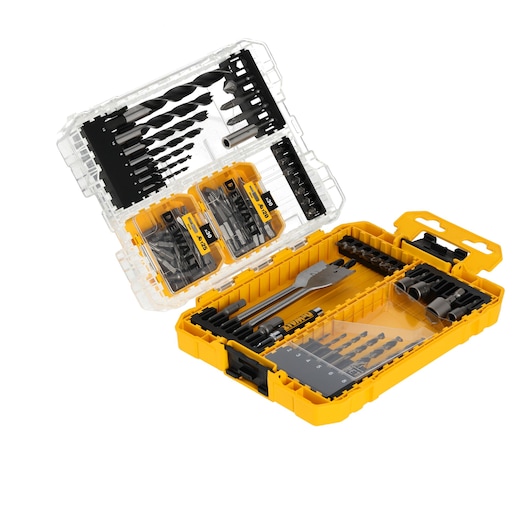 Open yellow DEWALT case displaying assorted drill bits and accessories neatly organized in compartments.