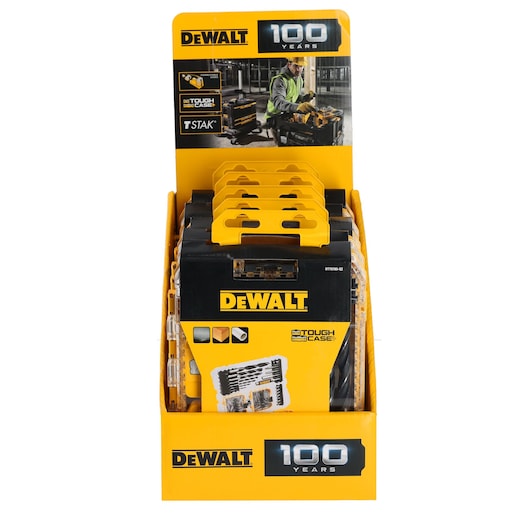 DEWALT DT70785 Tough Case drill bit set display celebrating 100 years, yellow and black packaging.