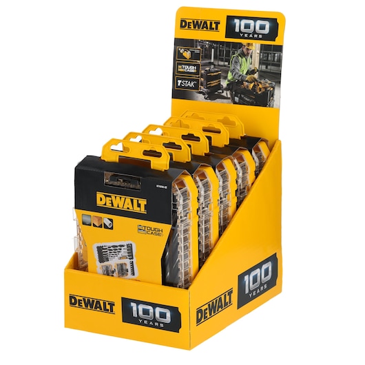 DEWALT DT70785 tough case drill bit sets in yellow display box marked 100 years anniversary.