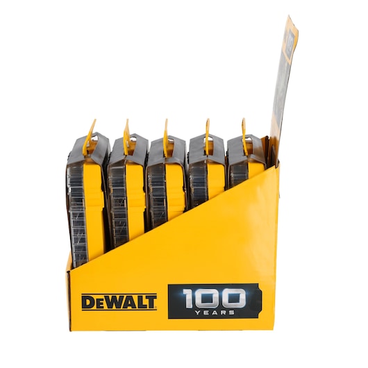 DEWALT yellow display box with five tool cases, marked '100 Years' on the side.