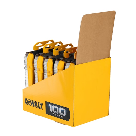 Yellow DEWALT display box holds multiple tool cases; features '100 Years' branding on the front.