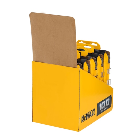 Yellow DEWALT display box with several packaged items, featuring '100 Years' on the front.