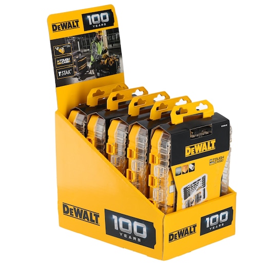 DEWALT Tough Case toolboxes display in yellow 100 Years branded packaging holder.