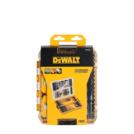 DEWALT Tough Case with assorted drill bits and accessories, yellow and black packaging, 100-piece set.