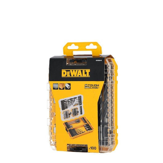 DEWALT DT70785 Tough Case containing 100 pieces of drill and screwdriver bits in a transparent yellow storage box.